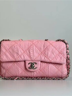 CHANEL Pink Quilted Python Mini Flap with Silver CC Turnlock
